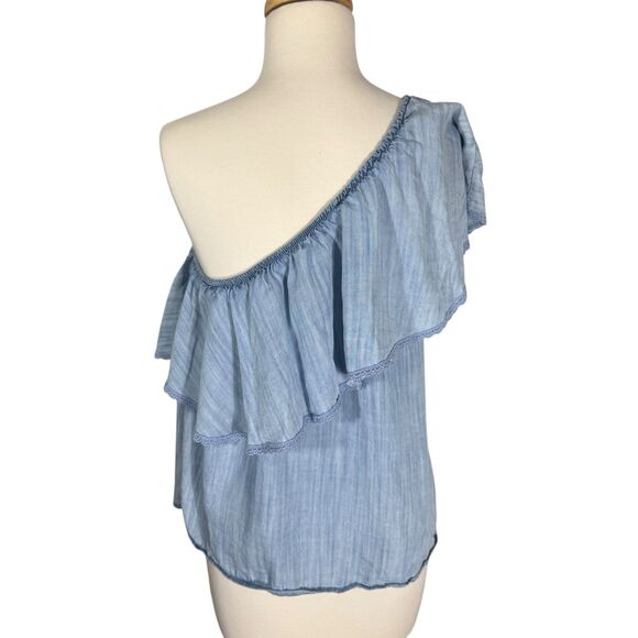Taylor & Sage Chambray Ruffled One Shoulder Sleeveless Blouse Top Sz M - Picture 4 of 6